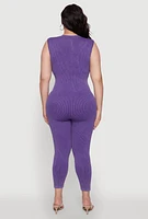 Womens Seamless Ribbed Knit Sleeveless Jumpsuit with Zip Neck, Purple, Size 2X-3X