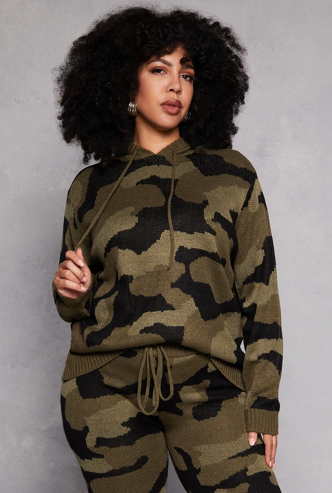 Womens Plus Size Camo Hooded Sweater, Green, Size 2X