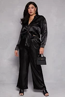 Womens Plus Size Satin Crop Top and Pants Set, Black, Size 2X