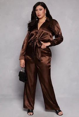 Womens Plus Size Satin Crop Top and Pants Set, Brown, Size 3X