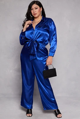 Womens Plus Size Satin Crop Top and Pants Set, Blue, Size 3X