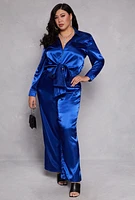 Womens Plus Size Satin Crop Top and Pants Set, Blue, Size 3X