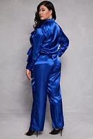 Womens Plus Size Satin Crop Top and Pants Set, Blue, Size 3X