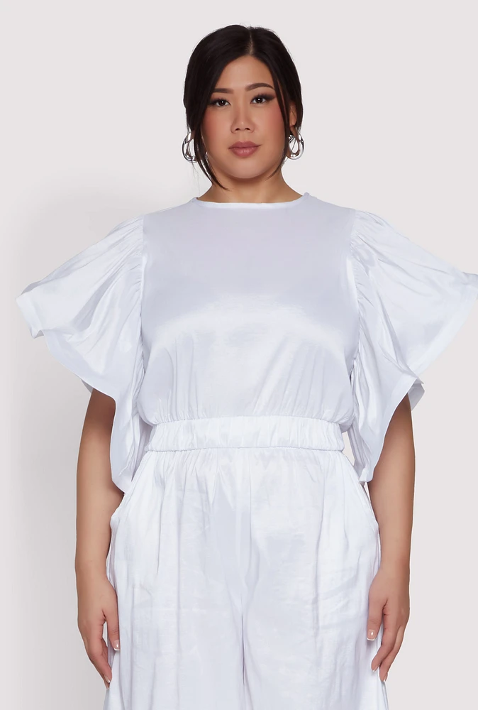 Womens Plus Size Flutter Sleeve Crop Top, White, Size 2X
