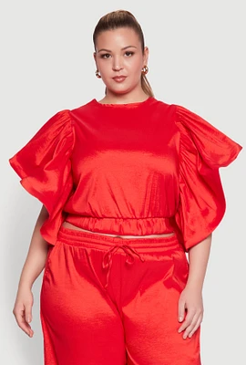 Womens Plus Size Flutter Sleeve Crop Top, Red, Size 2X