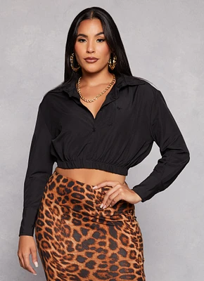 Womens Button Front Cropped Long Sleeve Shirt, Black, Size M