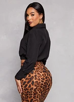 Womens Button Front Cropped Long Sleeve Shirt,