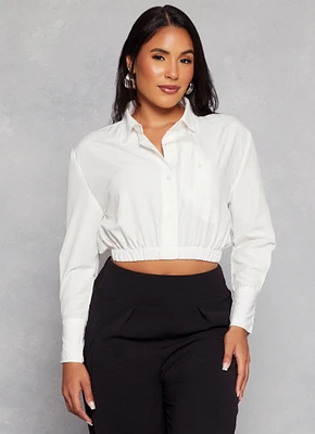 Womens Button Front Cropped Long Sleeve Shirt, White, Size L