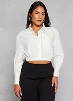 Womens Button Front Cropped Long Sleeve Shirt, White, Size L