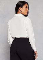 Womens Button Front Cropped Long Sleeve Shirt, White, Size L