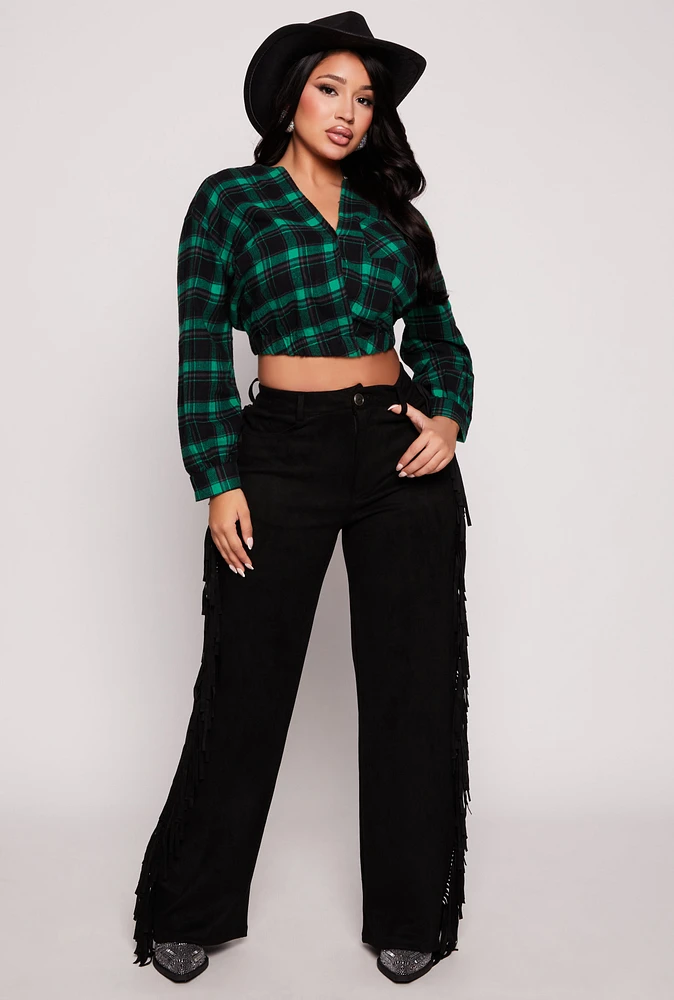 Womens Spoon Jeans Plaid Faux Wrap Crop Top, Green, Size L