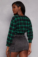 Womens Spoon Jeans Plaid Faux Wrap Crop Top, Green, Size L