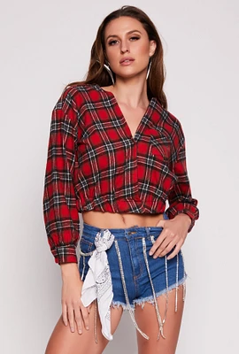 Womens Spoon Jeans Plaid Faux Wrap Crop Top, Red, Size L