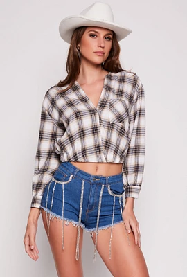 Womens Spoon Jeans Plaid Faux Wrap Crop Top, Multi,