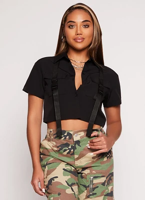 Womens Release Buckle Flap Pocket Cropped Shirt, Black, Size S
