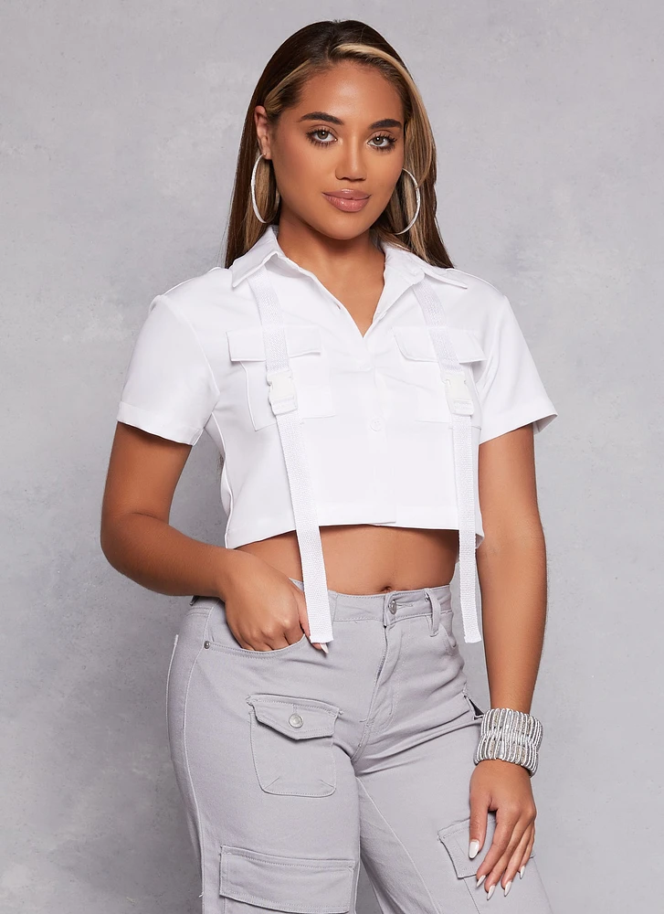 Womens Release Buckle Flap Pocket Cropped Shirt, White, Size XL