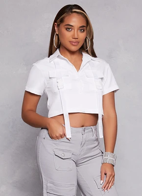 Womens Release Buckle Flap Pocket Cropped Shirt, White, Size XL