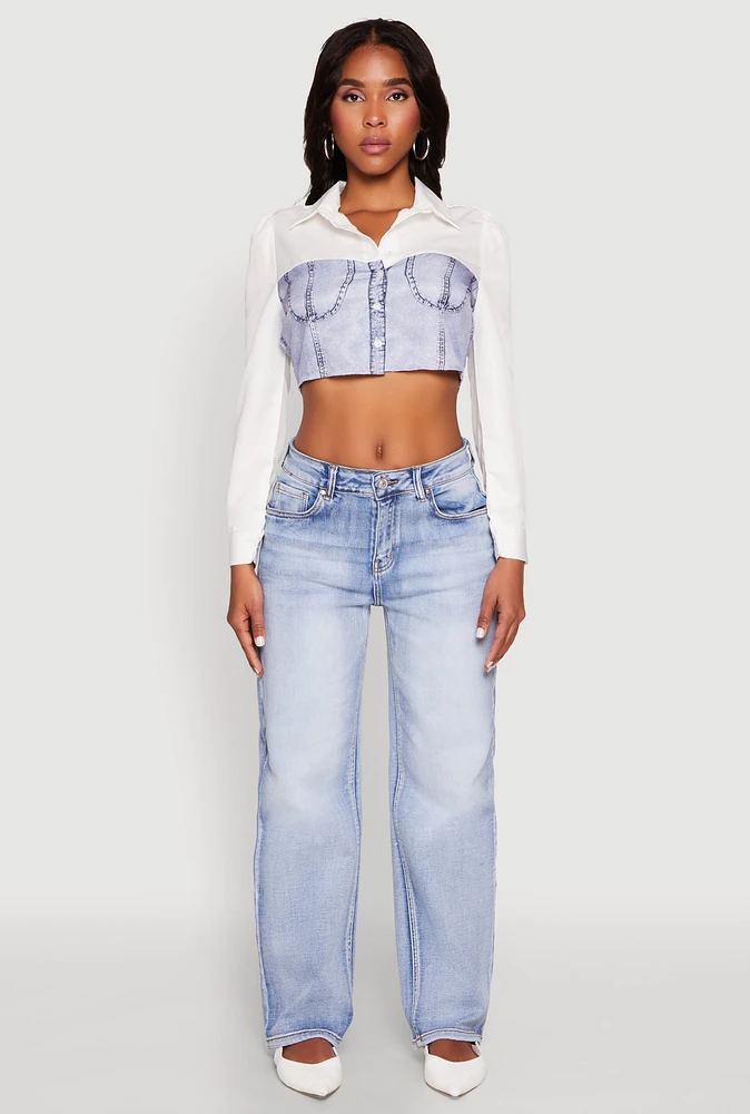Womens Bustier Denim Illusion Graphic Cropped Shirt, Multi, Size XL