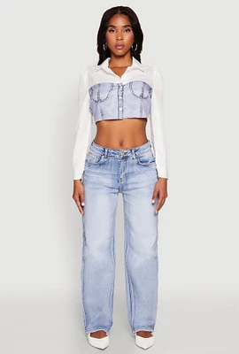 Womens Bustier Denim Illusion Graphic Cropped Shirt, Multi, Size XL