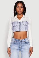 Womens Bustier Denim Illusion Graphic Cropped Shirt, Multi, Size M