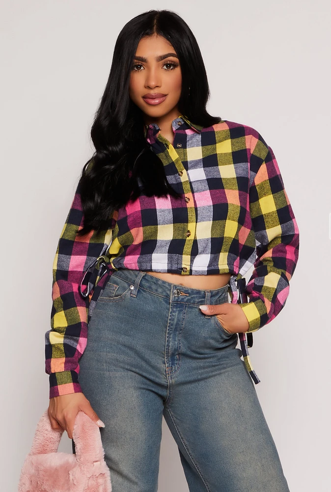 Womens VIP Plaid Drawstring Hem Crop Top, Multi, Size S