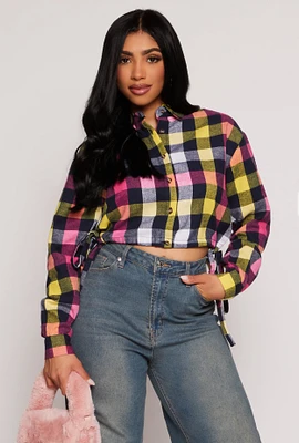Womens VIP Plaid Drawstring Hem Crop Top, Multi, Size S