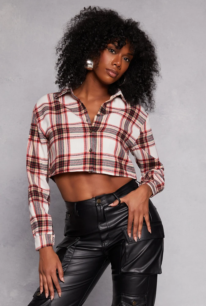 Womens Spoon Jeans Plaid Cropped Button Front Shirt, Multi,