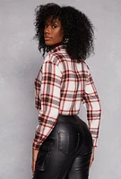 Womens Spoon Jeans Plaid Cropped Button Front Shirt, Multi,