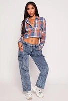 Womens Spoon Jeans Plaid Cropped Button Front Shirt,