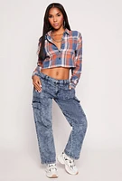 Womens Spoon Jeans Plaid Cropped Button Front Shirt, Multi, Size L