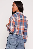 Womens Spoon Jeans Plaid Cropped Button Front Shirt,