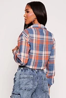 Womens Spoon Jeans Plaid Cropped Button Front Shirt, Multi, Size L