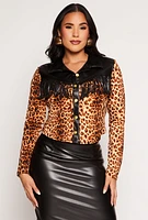 Womens Leopard Faux Leather Fringe Shirt, Multi, Size M