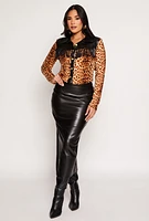 Womens Leopard Faux Leather Fringe Shirt, Multi, Size M