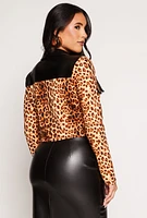 Womens Leopard Faux Leather Fringe Shirt, Multi, Size M