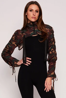 Womens Camo Drawstring Sleeve Bolero Top, Multi, Size L