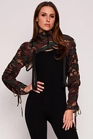 Womens Camo Drawstring Sleeve Bolero Top, Multi, Size L