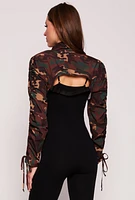 Womens Camo Drawstring Sleeve Bolero Top, Multi, Size L
