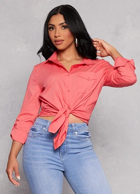 Womens Basic Poplin Button Front Shirt, Pink, Size M