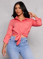 Womens Basic Poplin Button Front Shirt, Pink, Size M