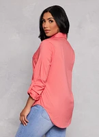 Womens Basic Poplin Button Front Shirt, Pink, Size M