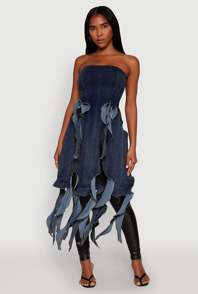 Womens Ruffle Fringe Strapless Denim Maxi Top, Blue, Size S
