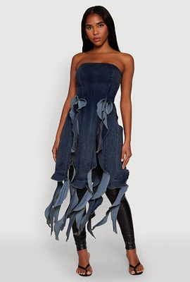 Womens Ruffle Fringe Strapless Denim Maxi Top, Blue, Size S