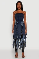 Womens Ruffle Fringe Strapless Denim Maxi Top, Blue, Size S