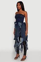 Womens Ruffle Fringe Strapless Denim Maxi Top, Blue, Size S