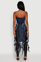 Womens Ruffle Fringe Strapless Denim Maxi Top, Blue, Size S