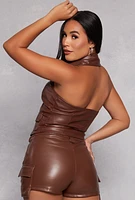 Womens Iris Faux Leather Zip Front Halter Top, Brown, Size S