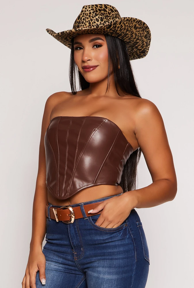 Womens Faux Leather Corset Tube Top, Brown,