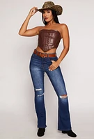 Womens Faux Leather Corset Tube Top, Brown,