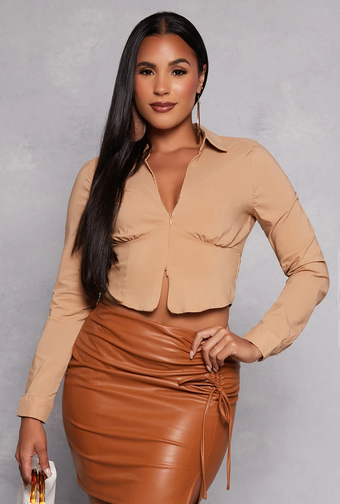 Womens Poplin Zip Front Corset Detail Shirt,